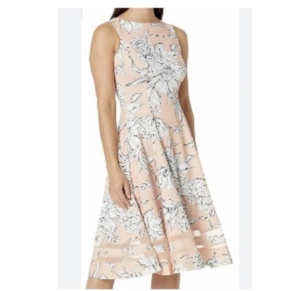 Calvin Klein Floral Mesh Illusion Flare Stretch Crepe Sleeveless Midi Dress 12